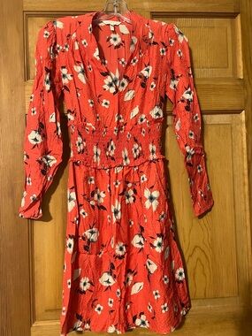 Rebecca Taylor Coral Red Floral V-Neck Long Sleeve Dress